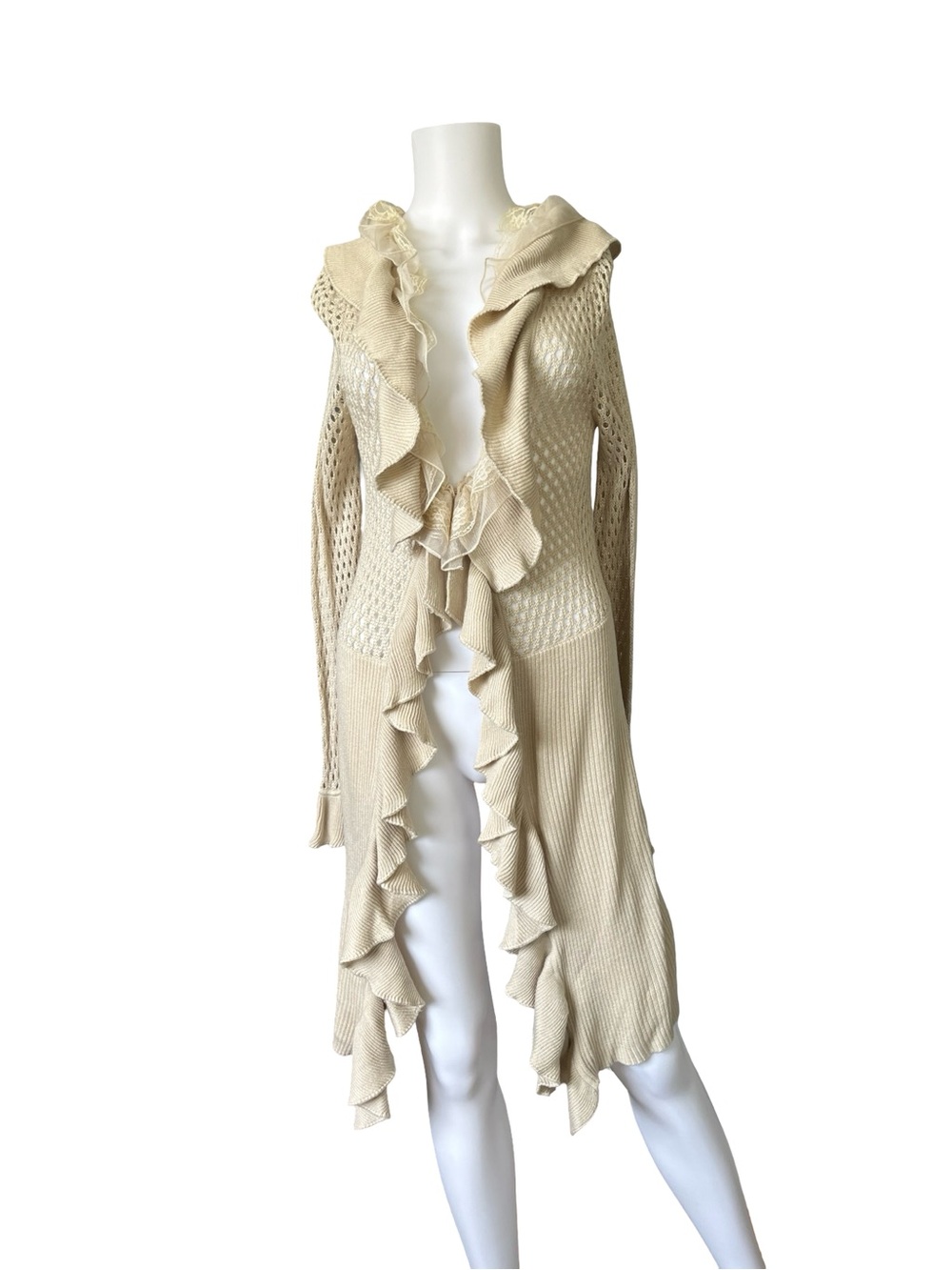 Ruffled Open Knit Cardigan Sweater Duster Neutral Size Medium Hippie Boho Womens